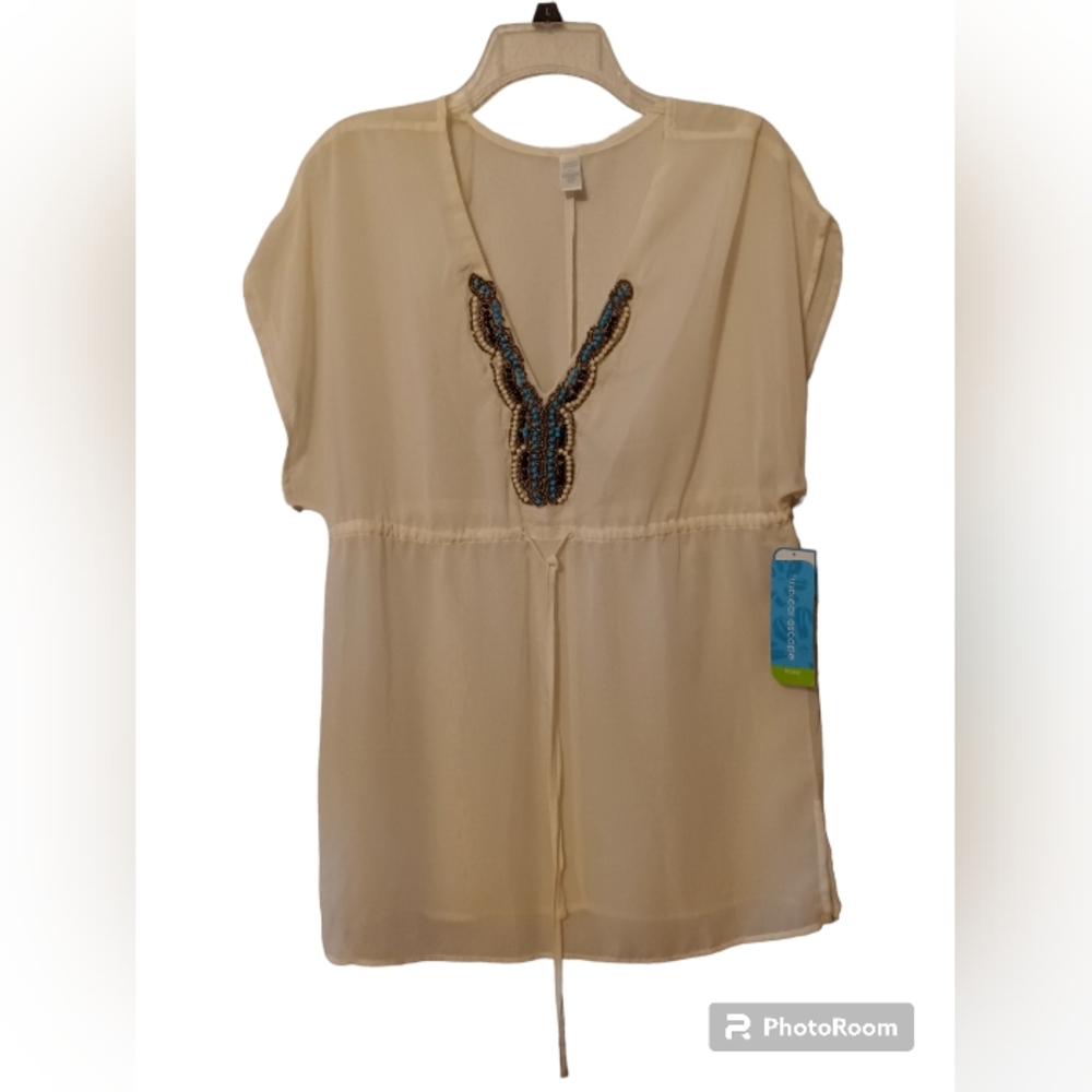 Tropical Escape Ivory coverup with turquoise embellished neck - Size Small